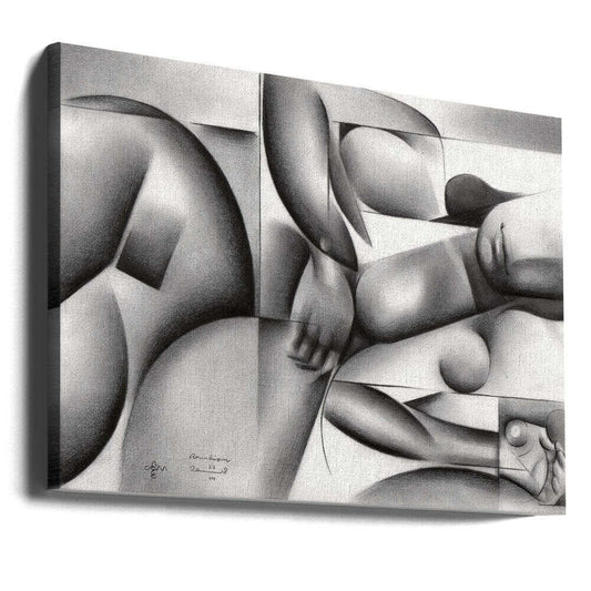 Roundism - 22-03-18 by Corné Akkers, gallery-wrapped canvas viewed at an angle; a reclining figure and detailed hand interwoven with rounded geometric shapes.