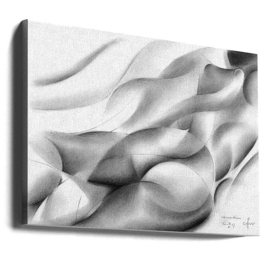 Roundism - 24-11-17 by Corné Akkers, gallery-wrapped canvas viewed at an angle; a grayscale figure merging with pale sweeping folds and rounded shaded forms.