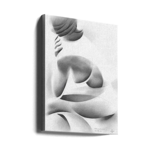 Roundism - 25-04-17 by Corné Akkers, gallery-wrapped canvas viewed at an angle; a softly shaded figure with flowing hair and broad pale curved forms.