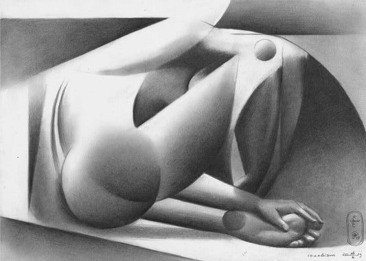 Roundism - 26-10-19 by Corné Akkers, front view of the artwork; a reclining figure with rounded contours, a bent arm and strong grayscale shading.