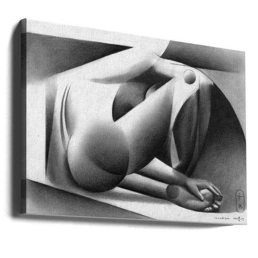Roundism - 26-10-19 by Corné Akkers, gallery-wrapped canvas viewed at an angle; a reclining figure with rounded contours, a bent arm and strong grayscale shading.