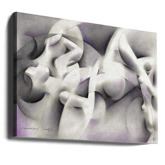 Roundism - 26-11-16 by Corné Akkers, gallery-wrapped canvas viewed at an angle; pale interlocking figure forms and rounded contours with soft gray and lilac shading.