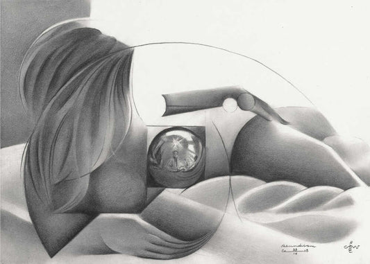 Roundism - 27-04-18 by Corné Akkers, front view of the artwork; a reclining figure with long hair and sweeping abstract curves in grayscale.