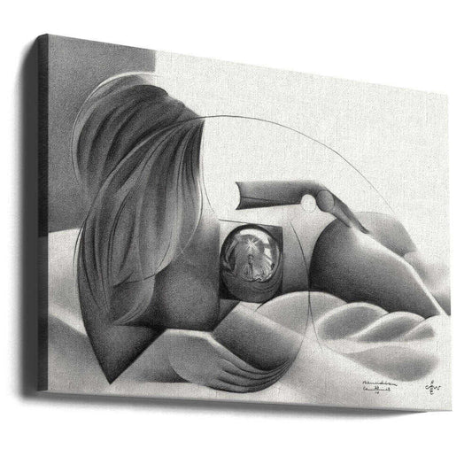 Roundism - 27-04-18 by Corné Akkers, gallery-wrapped canvas viewed at an angle; a reclining figure with long hair and sweeping abstract curves in grayscale.