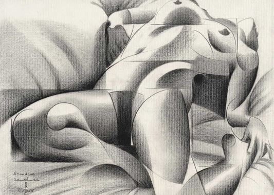 Roundism - 28-10-22 by Corné Akkers, front view of the artwork; rounded reclining figure forms merging with flowing folds in a grayscale study.