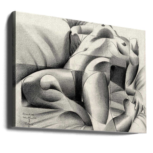 Roundism - 28-10-22 by Corné Akkers, gallery-wrapped canvas viewed at an angle; rounded reclining figure forms merging with flowing folds in a grayscale study.