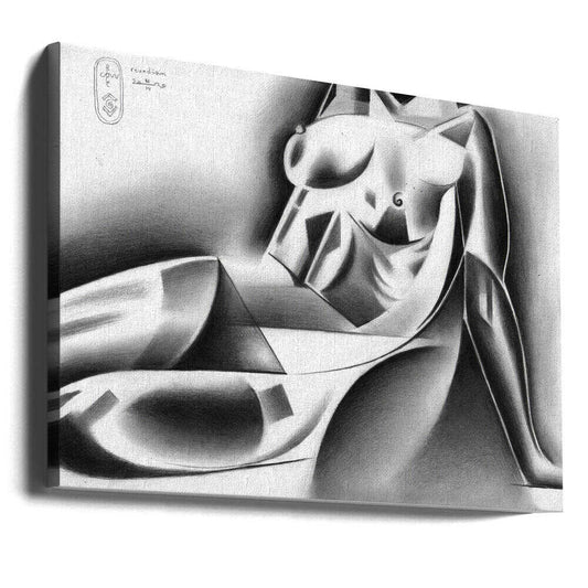 Roundism - 31-03-20 by Corné Akkers, gallery-wrapped canvas viewed at an angle; an abstract figure with bright curved highlights and deep sculptural shadows.