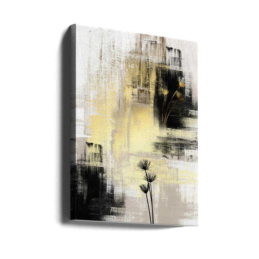 royal gold-2 by Sally Ann Moss, gallery-wrapped canvas viewed at an angle; pale yellow and black abstraction with fine botanical stems.
