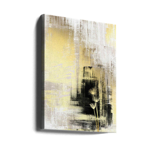 royal gold-3 by Sally Ann Moss, gallery-wrapped canvas viewed at an angle; pale yellow abstract layers with dark blocks and slender stems.