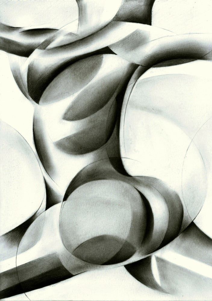 black and white drawing of woman's torso in roundism style 