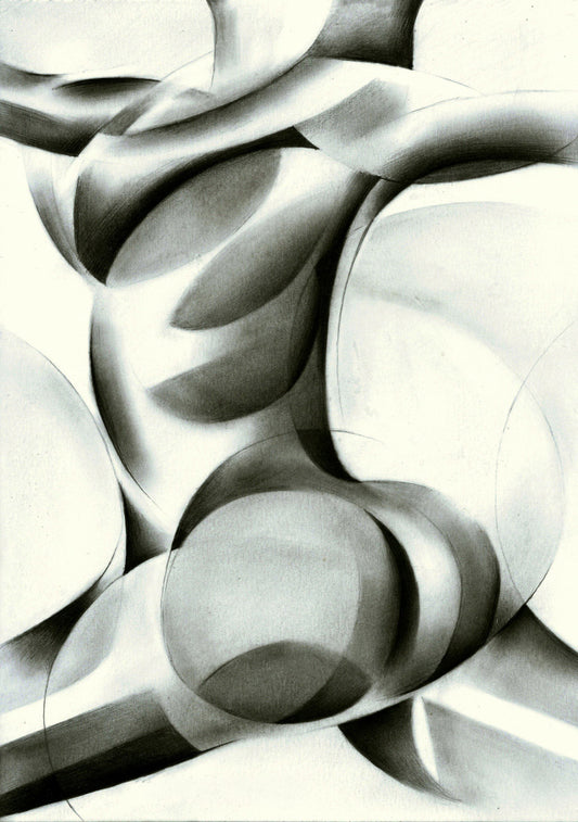black and white drawing of woman's torso in roundism style 