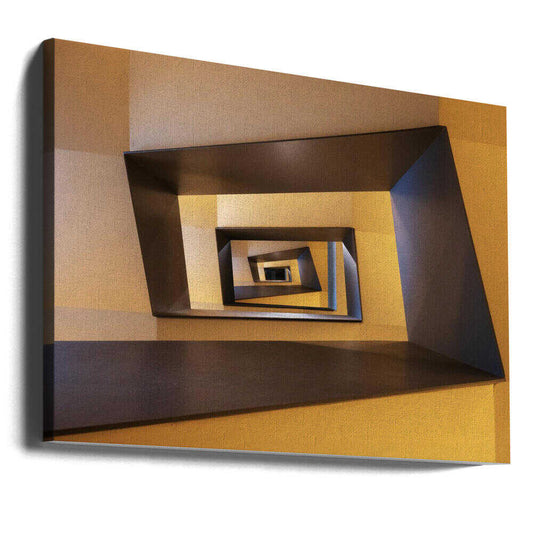 Several geometric forms in shades from yellow to brown of a staircase in Frankfurt by Marc van Oostrum, gallery-wrapped canvas viewed at an angle; yellow and brown rectangular stairwell viewed through its center.
