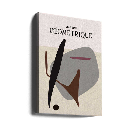 Shapes in Motion by Treechild, gallery-wrapped canvas viewed at an angle; abstract black, gray and brown shapes beneath GALERIE GÉOMÉTRIQUE lettering.