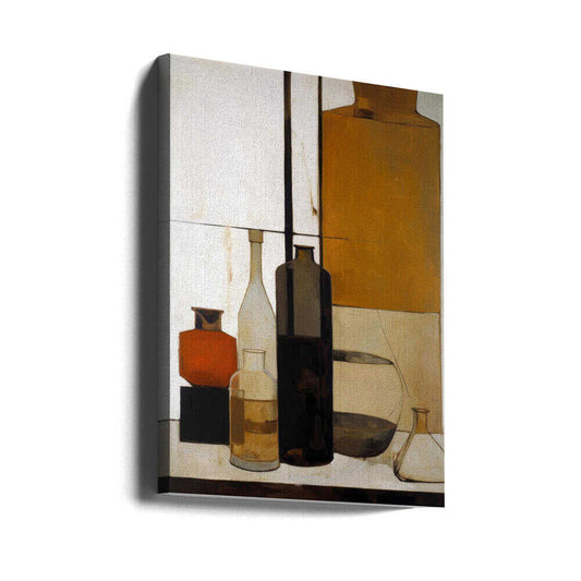Shapes of Stillness by Treechild, gallery-wrapped canvas viewed at an angle; bottles and rounded vessels in warm neutral geometric fields.