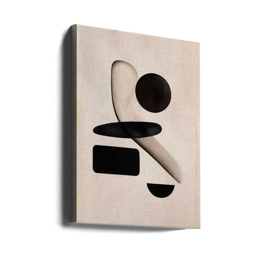 Shapeshift Harmony by THE MIUUS STUDIO, gallery-wrapped canvas viewed at an angle; black geometric forms overlapping a soft curved beige ribbon.