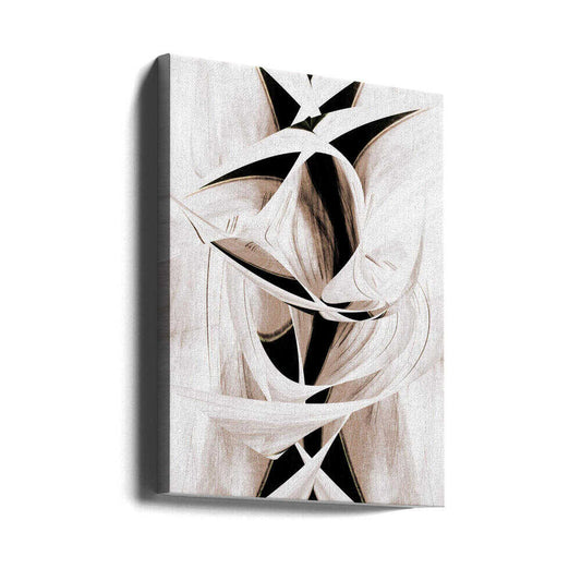 Silent Whirlwind by Christina Sillen, gallery-wrapped canvas viewed at an angle; intertwined white and black sweeping forms with warm blush and taupe shading.