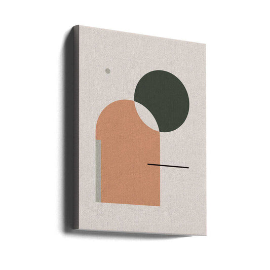 Simple Harmony - Abstract Composition by Nilesh Kulkarni, gallery-wrapped canvas viewed at an angle; a peach arch overlapped by a dark green circle with a fine black line.
