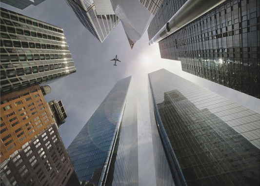 Skyscrapers and Airplane by Zurab Getsadze, front view of the artwork; skyscrapers viewed from below with a small airplane overhead.