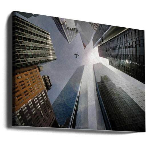 Skyscrapers and Airplane by Zurab Getsadze, gallery-wrapped canvas viewed at an angle; skyscrapers viewed from below with a small airplane overhead.