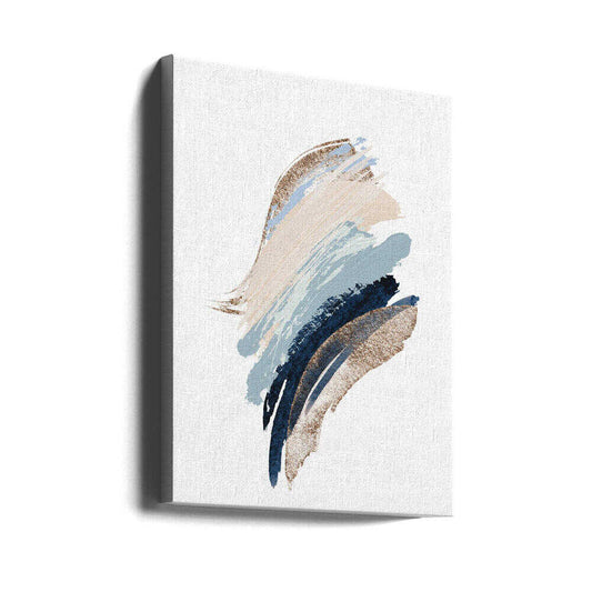 Smooth Shapes-1 by Sally Ann Moss, gallery-wrapped canvas viewed at an angle; sweeping blue and beige brush-like shapes on white.