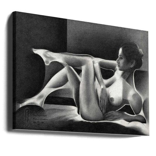 Solarized Roundism - 26-11-21 by Corné Akkers, gallery-wrapped canvas viewed at an angle; a reclining figure with bent legs and bright curved highlights against dark shading.