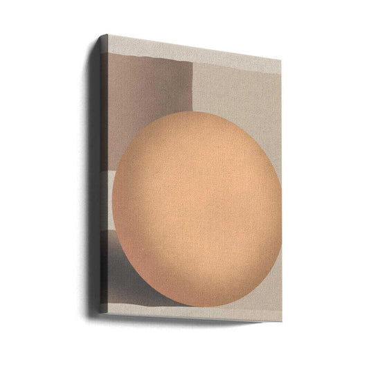 Sphere of Warmth by Little Dean, gallery-wrapped canvas viewed at an angle; soft peach sphere against beige geometric planes.