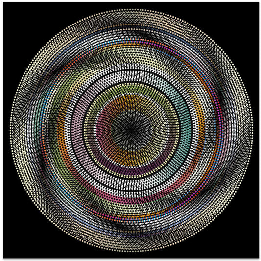 Spinning (3) by Angelo Cerantola, front view of the artwork; fine concentric dotted rings with muted multicolored bands on black.