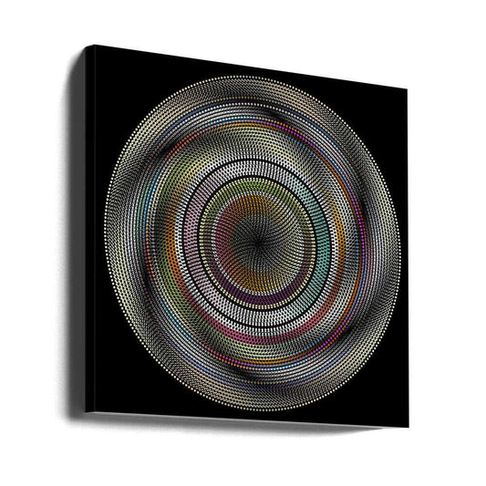 Spinning (3) by Angelo Cerantola, gallery-wrapped canvas viewed at an angle; fine concentric dotted rings with muted multicolored bands on black.