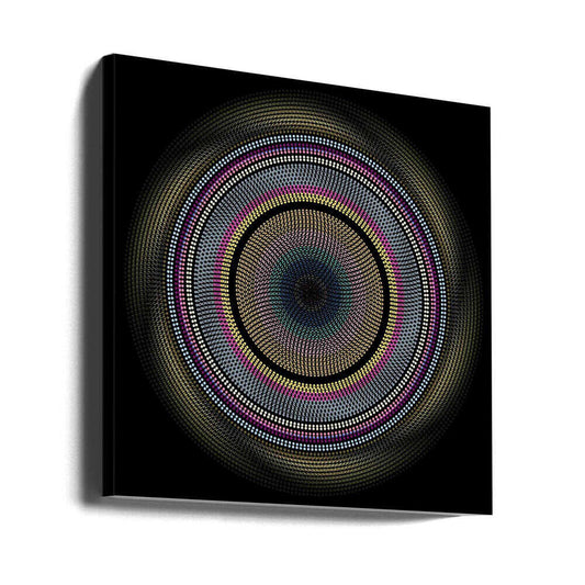 Spinning (5) by Angelo Cerantola, gallery-wrapped canvas viewed at an angle; concentric dotted circles with pink, yellow and teal bands on a black background.