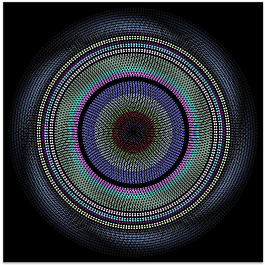 Spinning (6) by Angelo Cerantola, front view of the artwork; a purple and teal concentric dotted pattern with a dark red center on black.