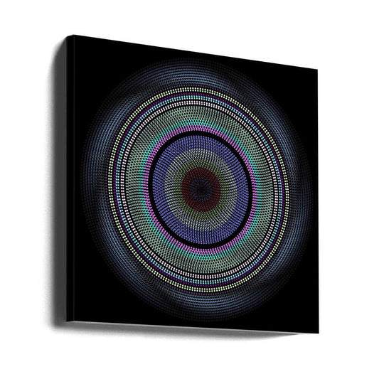 Spinning (6) by Angelo Cerantola, gallery-wrapped canvas viewed at an angle; a purple and teal concentric dotted pattern with a dark red center on black.