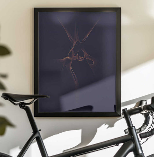 Spiral 8844 by AV11, black-framed artwork above a bicycle; fine copper-colored loops and radiating strands against a deep blue-purple field.