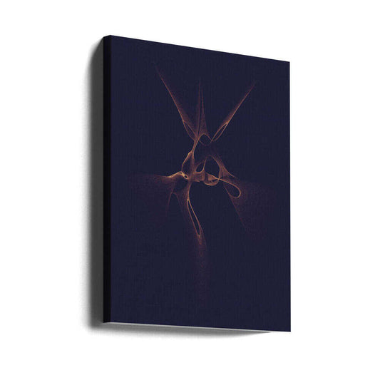 Spiral 8844 by AV11, gallery-wrapped canvas viewed at an angle; fine copper-colored loops and radiating strands against a deep blue-purple field.