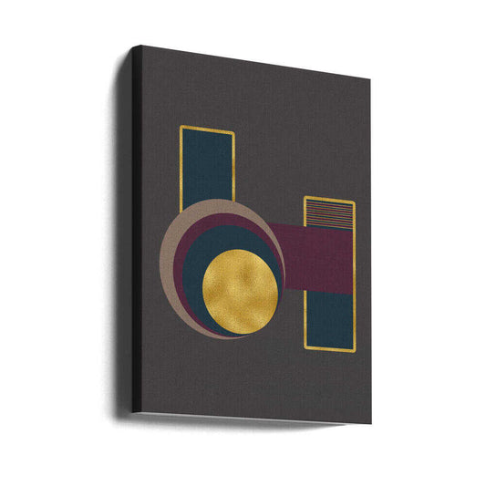 Squares and Circles 3 Grey Bg by Bilge Paksoylu, gallery-wrapped canvas viewed at an angle; overlapping circles and gold-toned rectangles on dark gray.