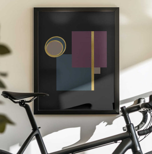 Squares and Circles Copy by Bilge Paksoylu, black-framed artwork above a bicycle; plum and blue rectangles with gold-toned circles on black.