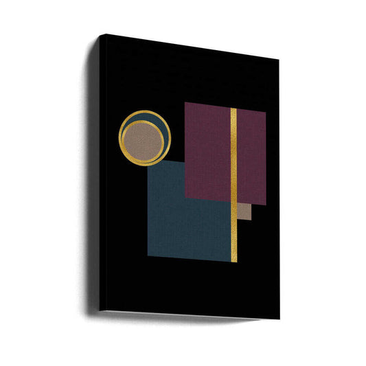 Squares and Circles Copy by Bilge Paksoylu, gallery-wrapped canvas viewed at an angle; plum and blue rectangles with gold-toned circles on black.