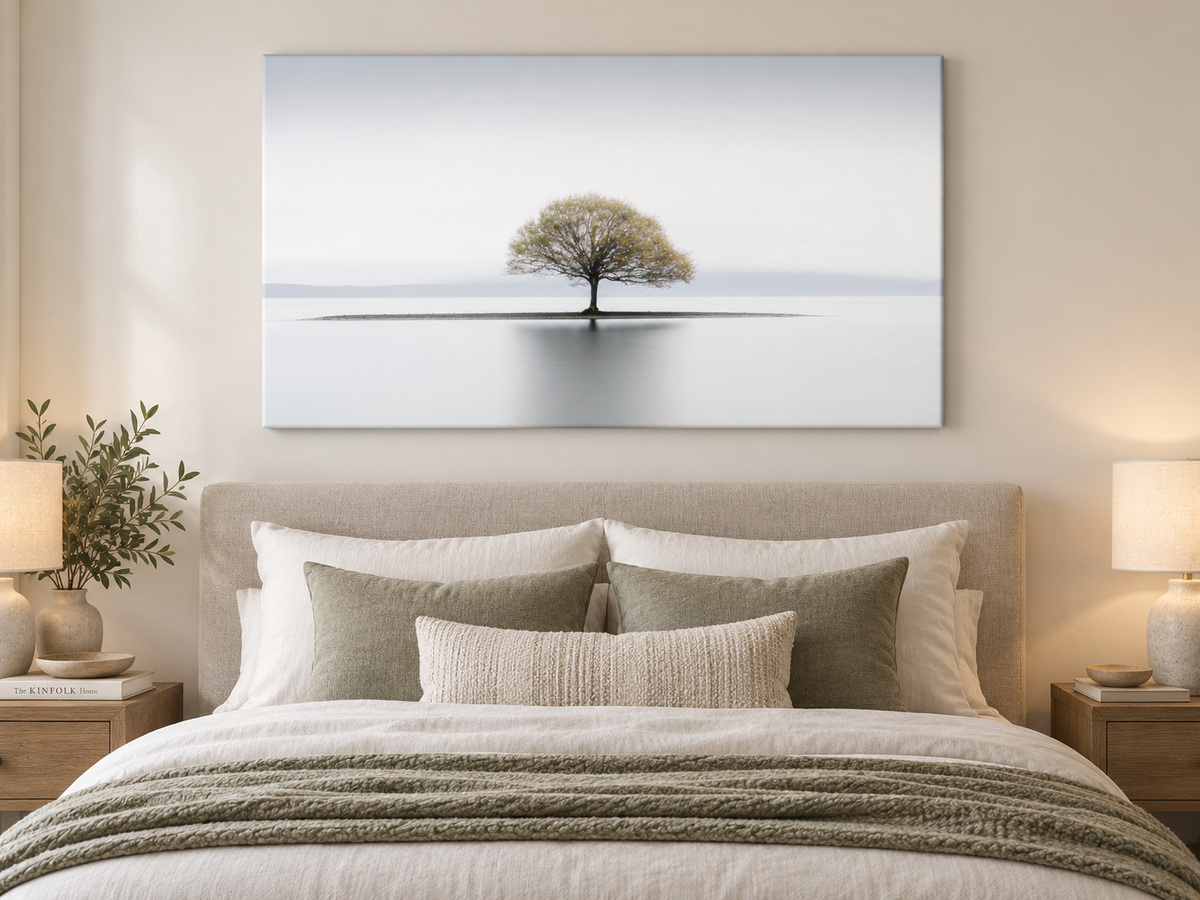 Still | Canvas Print | Minimalist Tree Landscape Wall Art — canvas above a bed