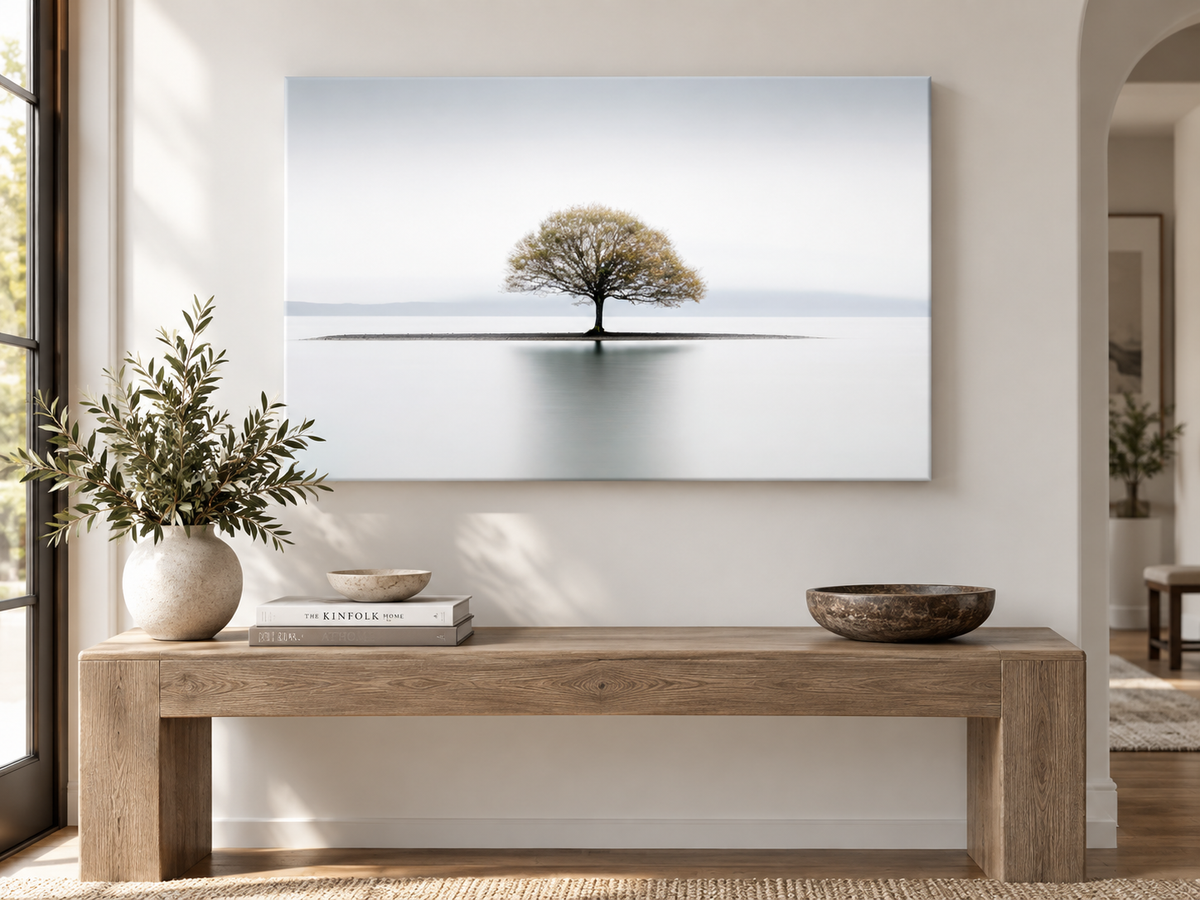 Still | Canvas Print | Minimalist Tree Landscape Wall Art — canvas above a console