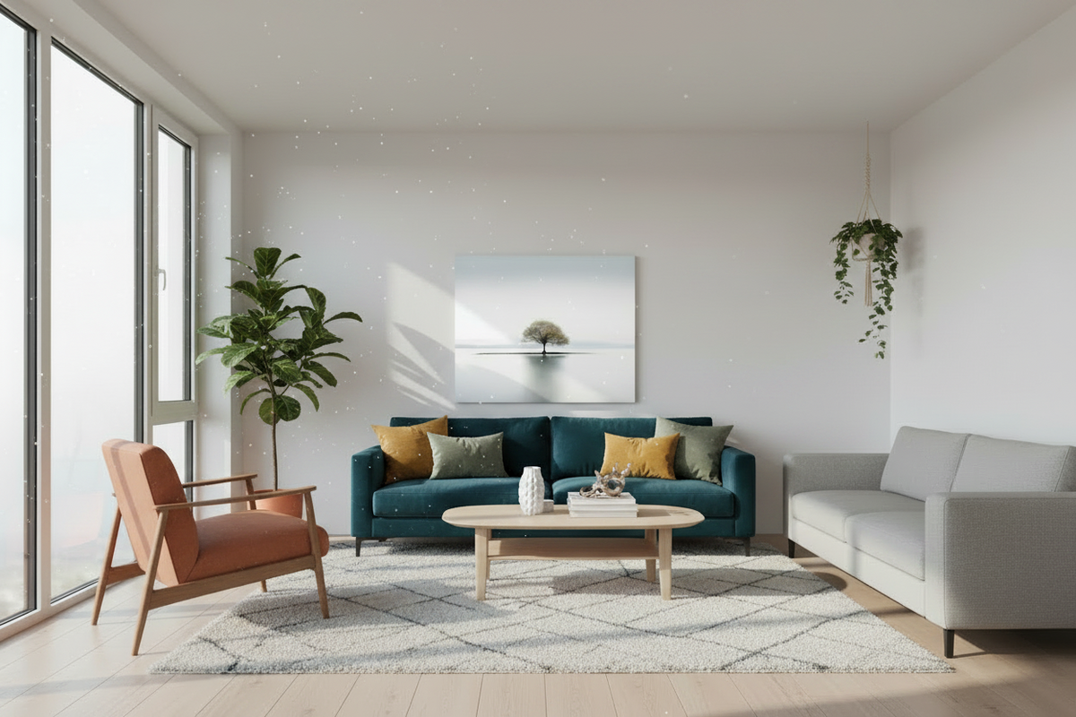 Still | Canvas Print | Minimalist Tree Landscape Wall Art — canvas above a green sofa