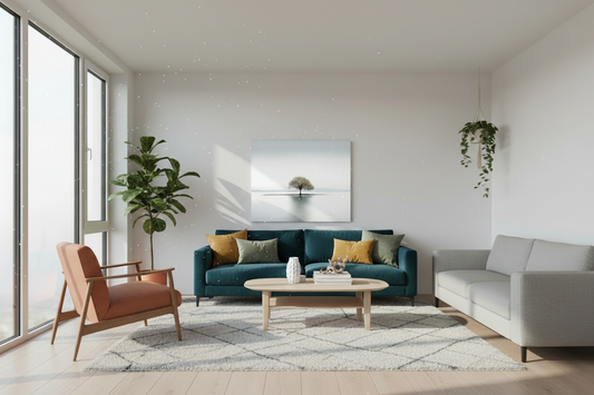 Still | Canvas Print | Minimalist Tree Landscape Wall Art — canvas above a green sofa