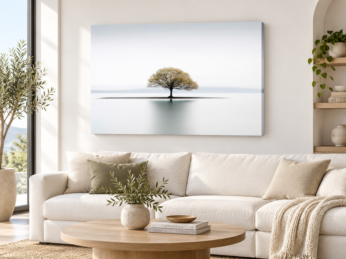 Still | Canvas Print | Minimalist Tree Landscape Wall Art — canvas above a sofa