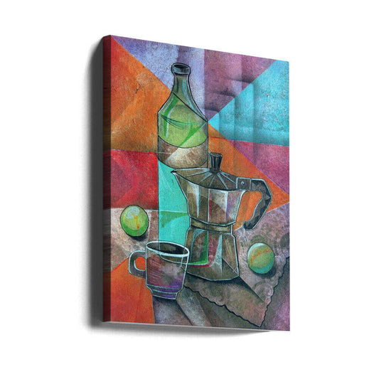 Still Life with Coffee Pot by Ricardo Maya, gallery-wrapped canvas viewed at an angle; geometric coffee pot, bottle and cup with bright color fields.