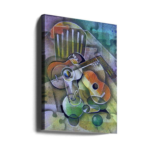Still Life with Guitars by Ricardo Maya, gallery-wrapped canvas viewed at an angle; overlapping guitars beside a chair and green still-life forms.
