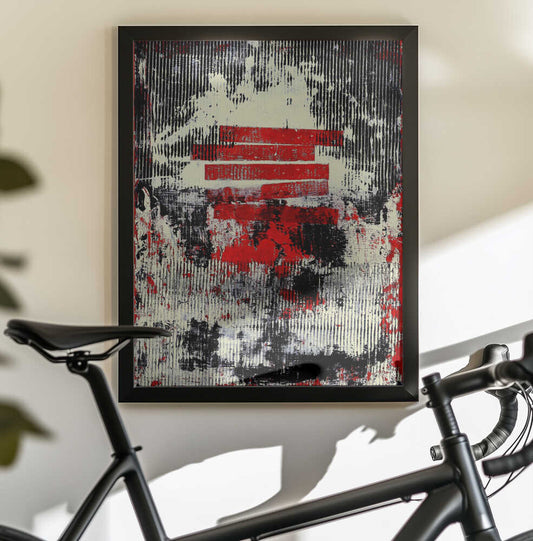 Stripes of Chaos by Petr Strnad, black-framed artwork above a bicycle; distressed red horizontal bars over dense black-and-cream linear marks.