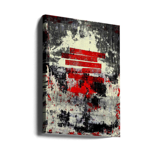 Stripes of Chaos by Petr Strnad, gallery-wrapped canvas viewed at an angle; distressed red horizontal bars over dense black-and-cream linear marks.