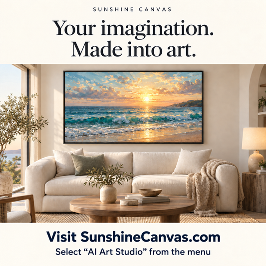 Create your own canvas art with Sunshine Canvas AI Art Studio, illustrated by an ocean sunset canvas in a cream living room.