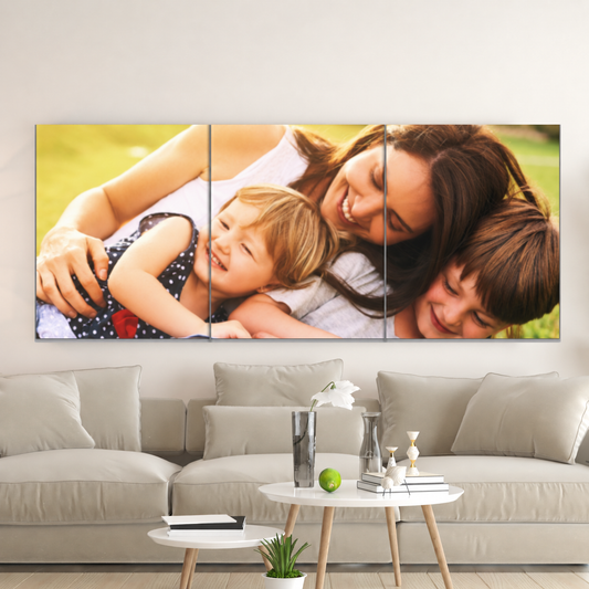 Family photo across three 16 by 20 inch canvas panels, Sunshine Canvas triptych example