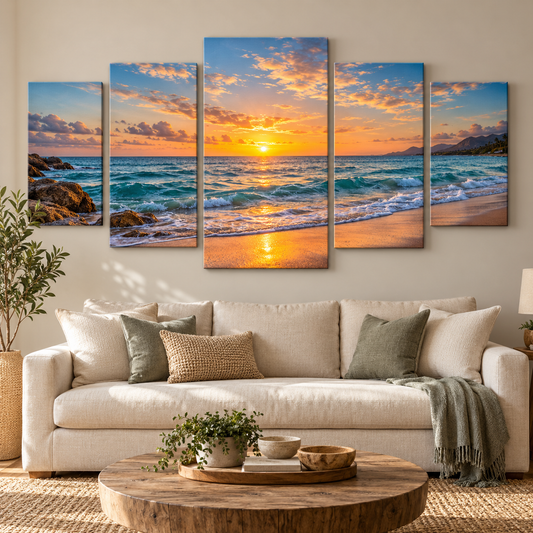 Sunset beach photo across five canvas panels above a sofa; illustrative room example