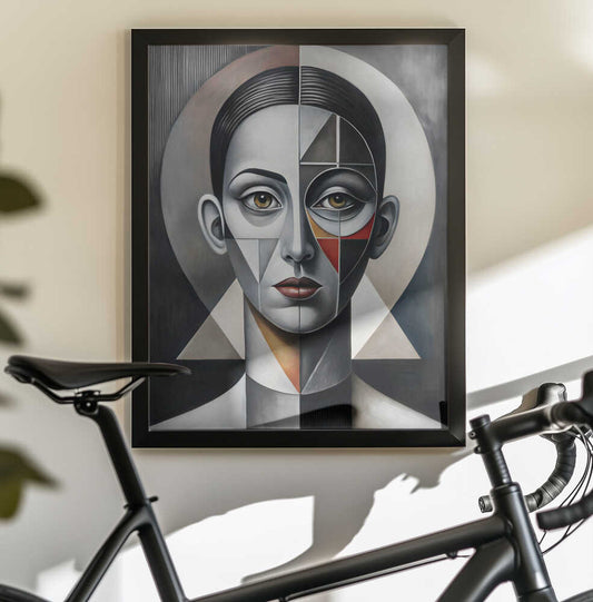 Surreal Identity by Miguel Bruzual, black-framed artwork above a bicycle; a symmetrical face divided into gray triangular planes with small red and ochre accents.