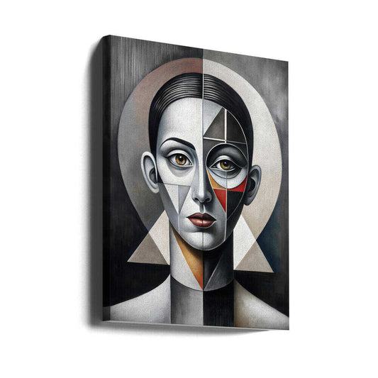 Surreal Identity by Miguel Bruzual, gallery-wrapped canvas viewed at an angle; a symmetrical face divided into gray triangular planes with small red and ochre accents.